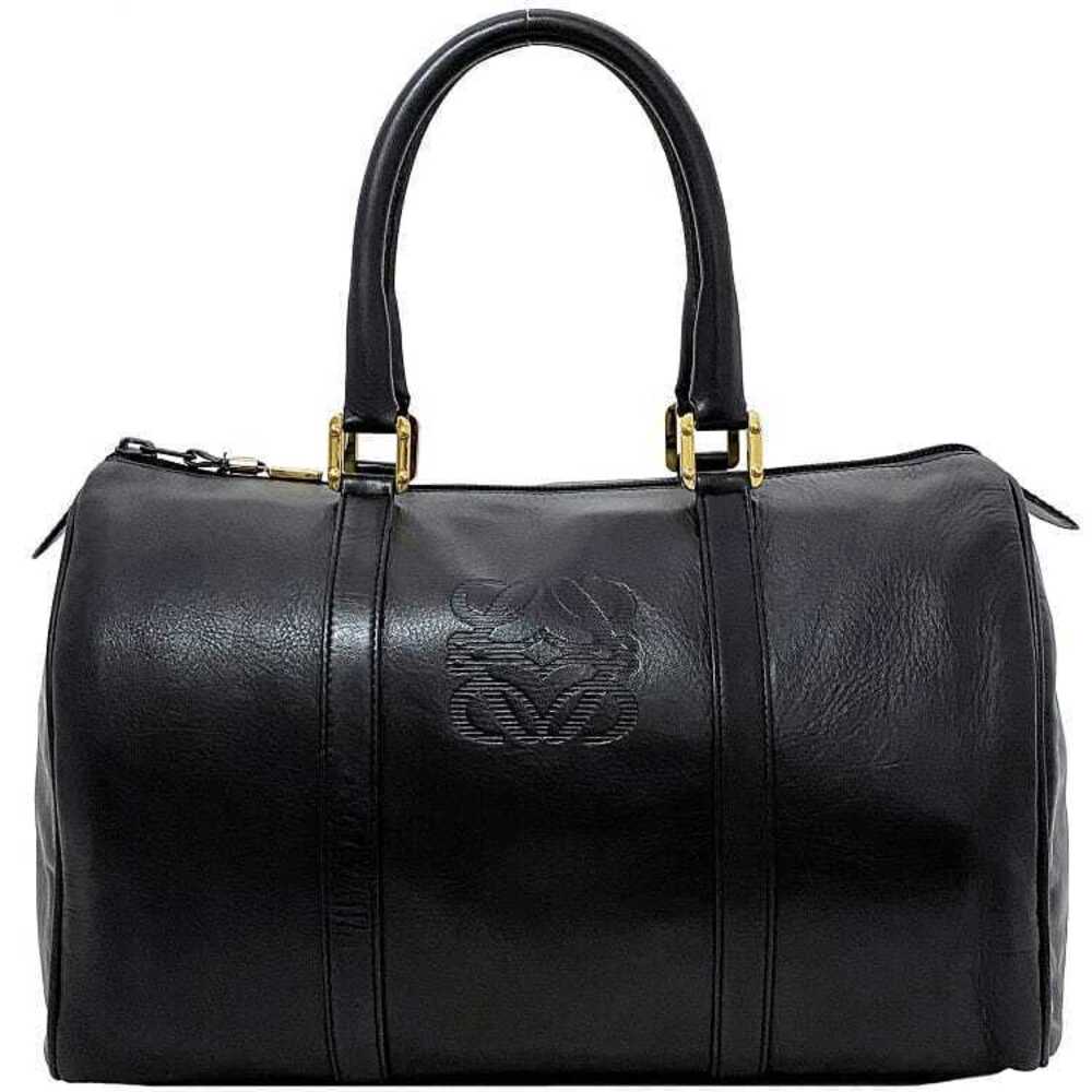 Loewe Boston Bag Black Gold Amazona Leather Handbag Logo Zipper Embossed